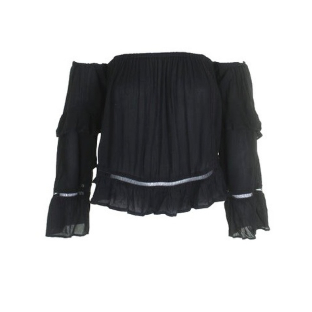 Black Off the Sholder Long Sleeve Pheasant Top - Picture 9 of 9